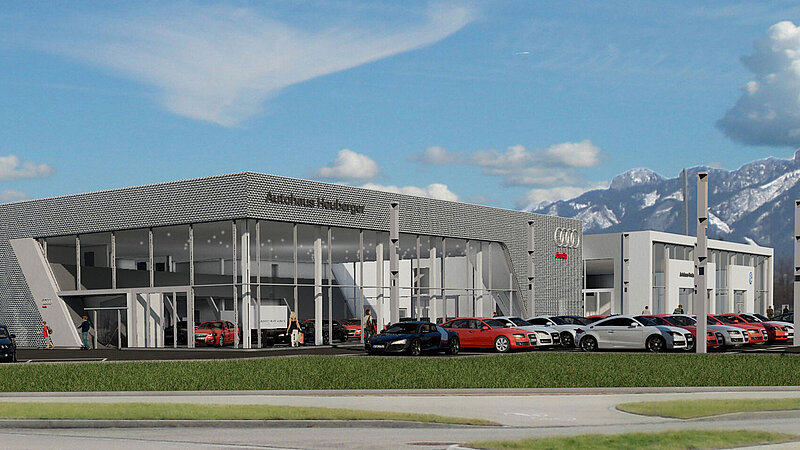 Frontansicht vom Gebäude vom Autohaus Heuberger, Füssen